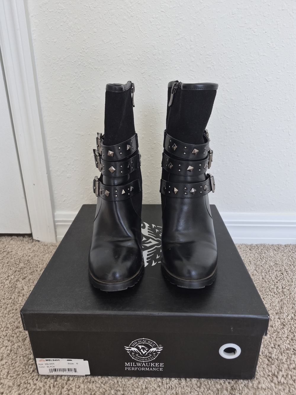 Studded Black Leather Ankle Booties with Buckle Straps Size 6
